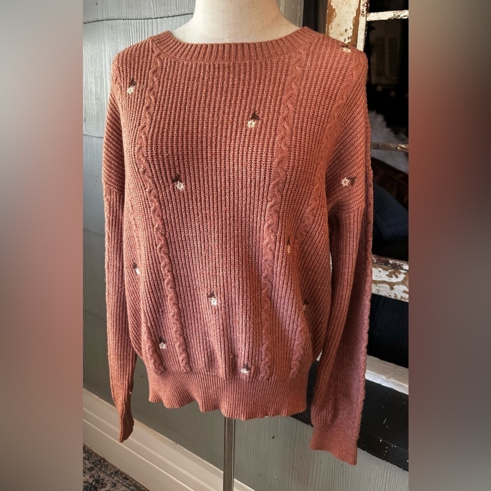 Hem & Thread Rust Cable Knit Sweater with Floral Accents - Picture 2 of 6